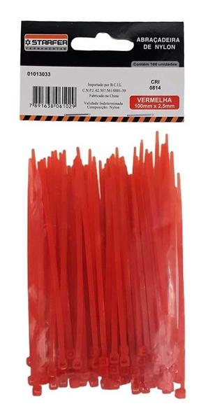 100 Abraçadeiras Nylon Cinta Plástica 2,5x100mm Vermelha - Starfer Imagem de 100 Abraçadeiras Nylon Cinta Plástica 2,5x100mm Vermelha