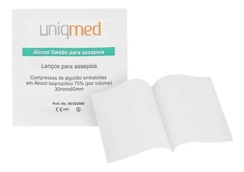 Imagem de 100 Álcool 70% Swabs Saches Uniqmed Lenço umedecido para assepsia