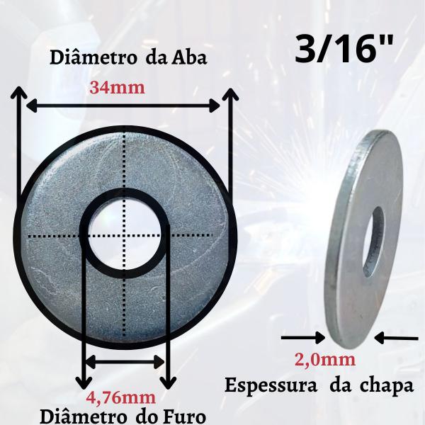 Imagem de 100 Arruela Lisa Funileiro Reforçada 3/16" Aba Larga Zincada
