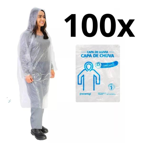 Imagem de 100 Capas De Chuva Descartavel Transparente Capuz Unissex