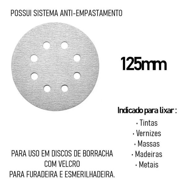 Imagem de 100 Discos Lixa 125mm 8 Furos P/ Lixadeira Roto Orbital