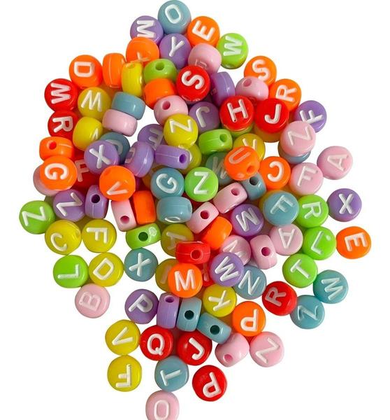 Imagem de 100 Miçangas De Letras Coloridas Infantil Alfabeto Entremeios Para Fazer Pulseiras Colar Missangas