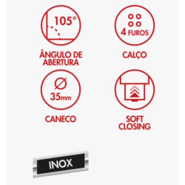 100 Peças Dobradiça Curva Inox Amortecedor Portas Armários - Renna / BR Metal Imagem de 100 Peças Dobradiça Curva Inox Amortecedor Portas Armários