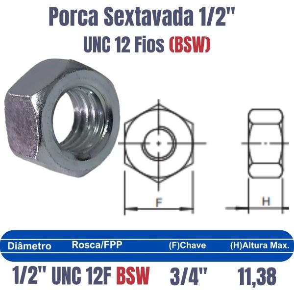 Imagem de 100 Porca Sextavada Ferro Zincada BSW 1/2 X 12F Rosca Grossa