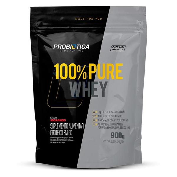 Imagem de 100% Pure Whey Refil com 900g Sabor Morango Probiótica