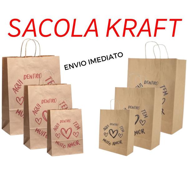 Imagem de 100 Sacola Kraft Amor Com Alça Tamanho M 32x24x11,5