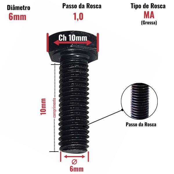 Imagem de 100 Un Parafuso Sextavado M06 x 10mm Aço 8.8 Inteira Fio 1,0