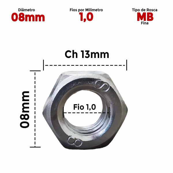 Imagem de 100 Un Porca de Aço 8.8 Sextavado 08 Milímetros Fio 1,0 MB