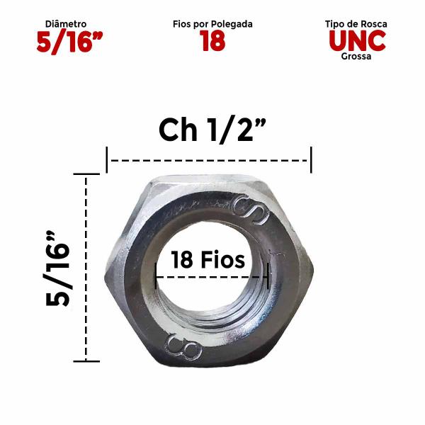 Imagem de 100 Un Porca Sextavada Aço Gr 5 5/16 Pol 18 Fio Rosca Grossa