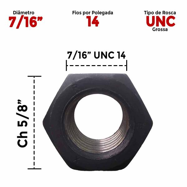 Imagem de 100 Un Porca Sextavada Ferro 7/16 Pol 14 Fios Rosca Grossa
