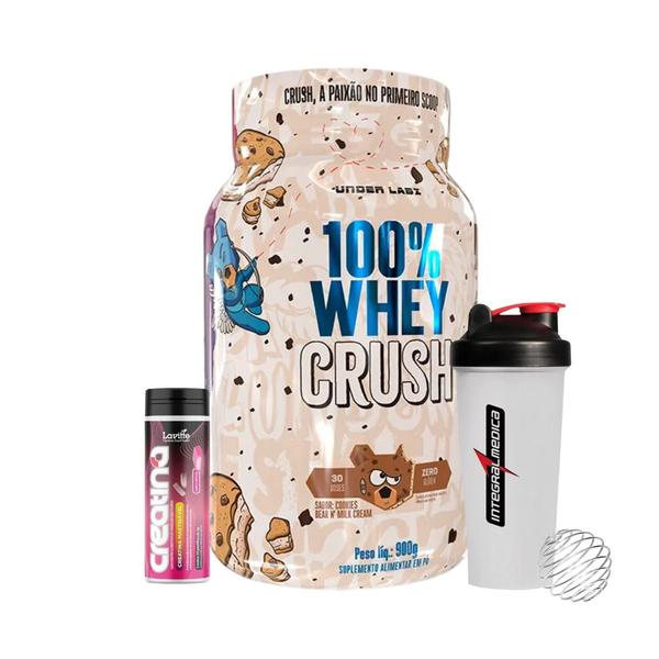 Imagem de 100% Whey Crush 900g Under Labz + Creatina em Pastilhas Lavitte 30 pastilhas + Coqueteleira Integralmedica