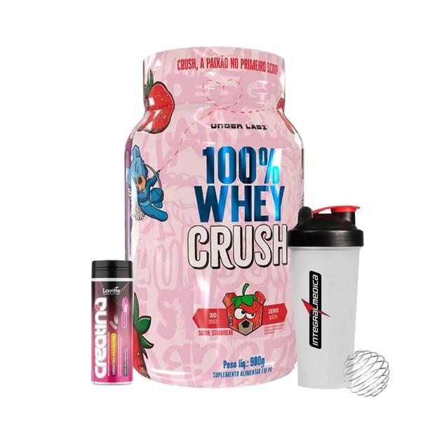 Imagem de 100% Whey Crush 900g Under Labz + Creatina em Pastilhas Lavitte 30 pastilhas + Coqueteleira Integralmedica