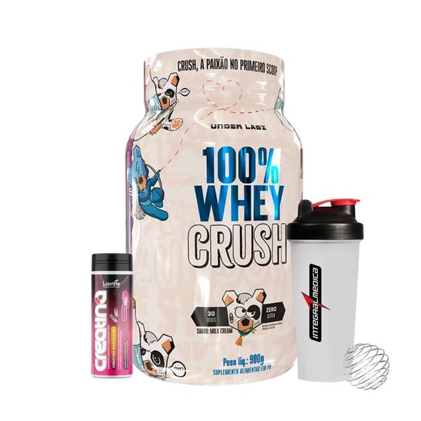 Imagem de 100% Whey Crush 900g Under Labz + Creatina em Pastilhas Lavitte 30 pastilhas + Coqueteleira Integralmedica