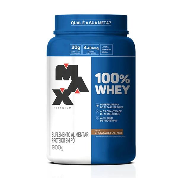 100% whey max titanium pote 900g chocolate maltado Imagem de 100% whey max titanium pote 900g chocolate maltado
