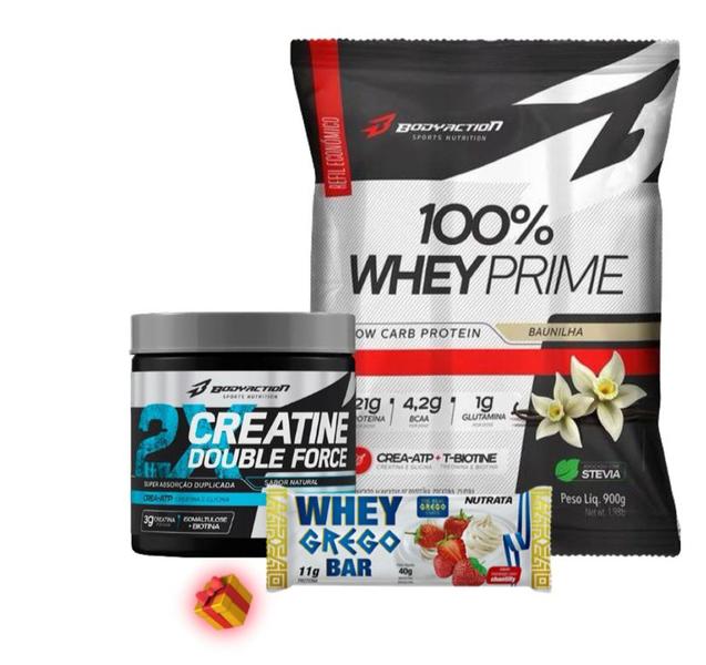 Imagem de 100% WHEY prime Bodyaction 900g + Creatina DOUBLE FORCE 150g + 1 barrinha