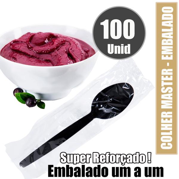 Imagem de 100u Colher Sache Reforçada Descartavel Preta 16 Cm Delivery