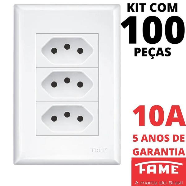 Imagem de 100un Tomada Padrão Tripla 2P+T 10A Com Placa Evidence FAME