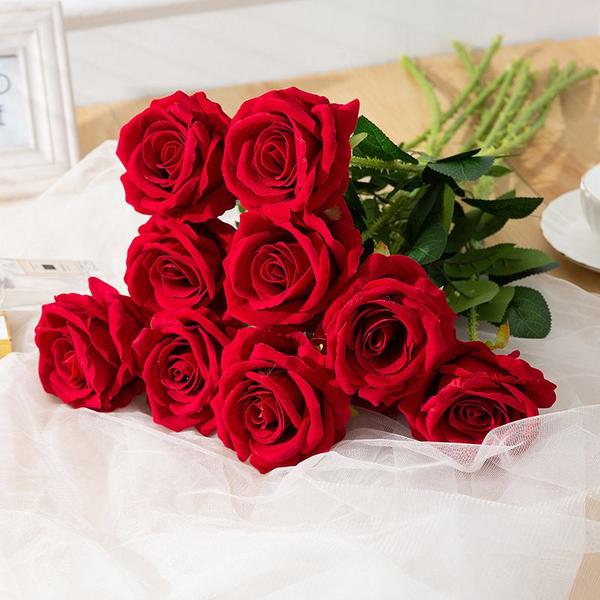 Imagem de 10Pcs Ramo Longo Rosa Artificial Flores Bouquet Simulação Flanela Falsas Flores Dia dos Namorados Decoração de Festa de Casamento em Casa dos Namorados Flores artificiais e secas