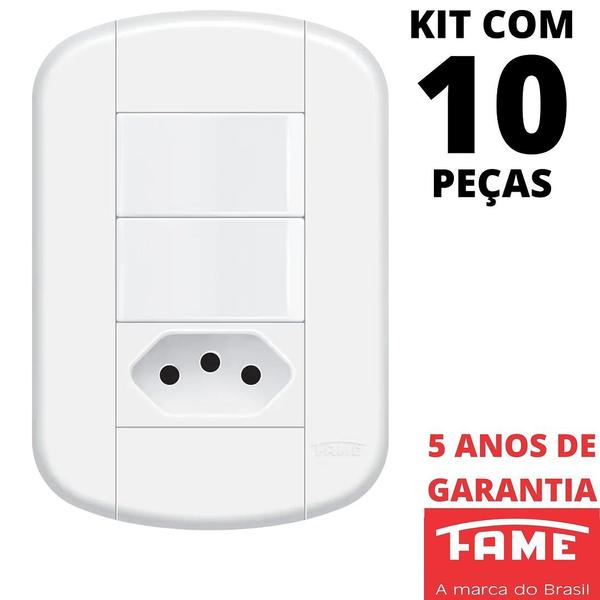 Imagem de 10un Interruptor Simples 2 Teclas 16A e Tomada Padrão 2P+T 20A Com Placa Blanc Mais FAME