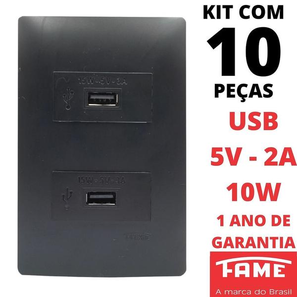 Imagem de 10un Tomada Dupla USB Bivolt 15W 5V 3A Com Placa Habitat Black FAME