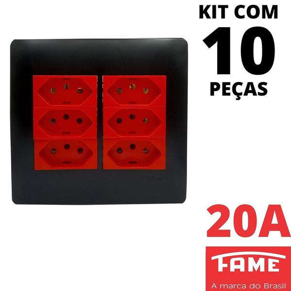 Imagem de 10un Tomada Padrão Sextupla 2P+T 20A 4X4 Vermelha Com Placa Habitat Black FAME