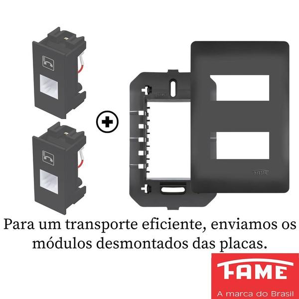 Imagem de 10un Tomada Telefone RJ11 4 Vias Dupla Com Placa Habitat Black FAME