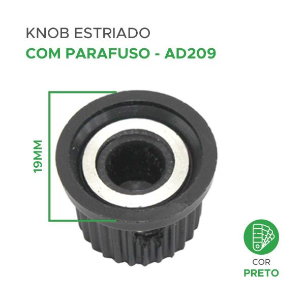 Imagem de 10x Botão Knob Redondo Estriado Com Parafuso Ad209 - Preto