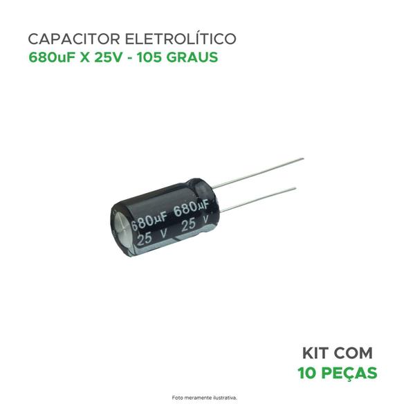 Imagem de 10x Capacitor Eletrolítico 680uf x 25v 105º Kit c/ 10 Peças