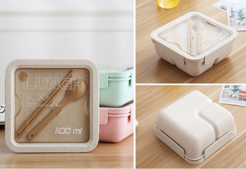 Imagem de 1100ml de palha de trigo lanche lanche caixa selando fita Colher Chopsticks Bento Boxes Micro-ondas Dinnerware Food Storage Container Lunchbox Lancheiras (Bege)