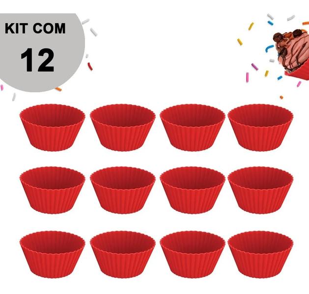 Imagem de 12 Formas Muffin Cupcake Bolinho Forminha Vermelha Jogo Kit Em Silicone Para Micro-ondas Assadeira UnyHome FS11KIT