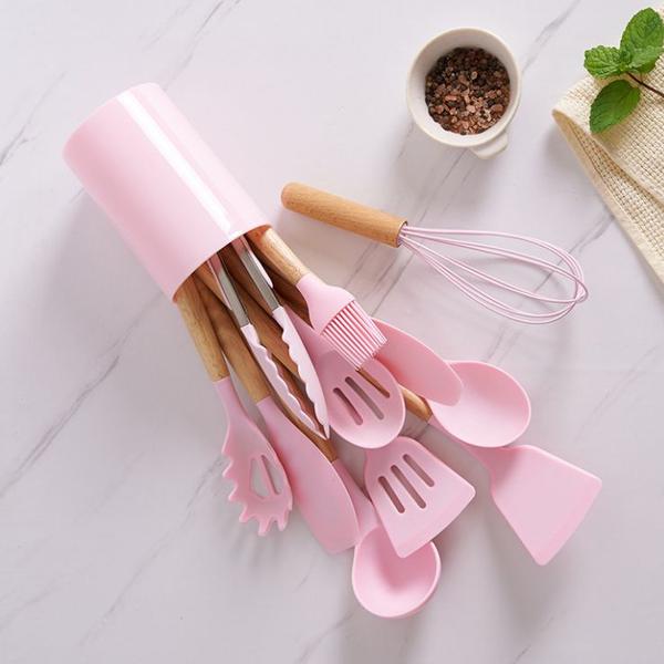 Imagem de 12 pçs conjunto de utensílios de cozinha de silicone, utensílios de cozinha conjunto com suporte, espátula de madeira RO