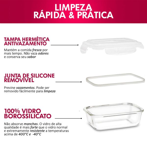 Imagem de 12 Potes Hermético Vidro Retangular Freezer Microondas 640ml