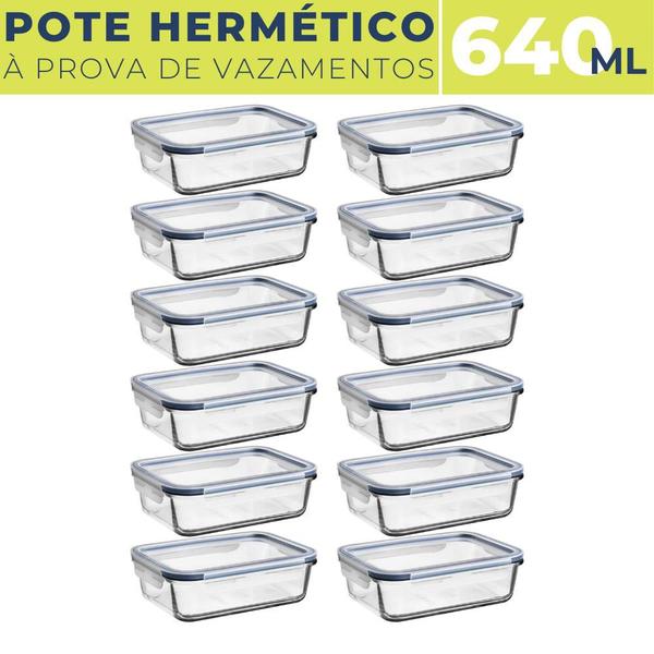 Imagem de 12 Potes Vidro Hermético 640ml Tampa Plástica Vedação BPA