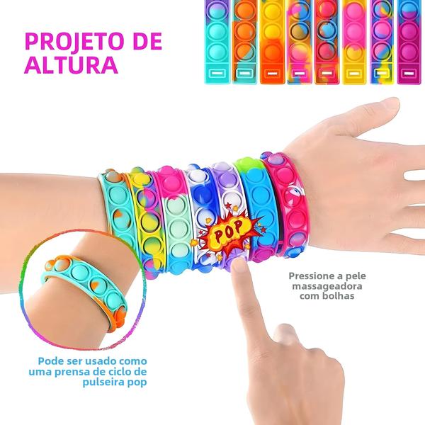 Imagem de 12 Pulseiras Pop It para Crianças - Alívio do Estresse e Lembrancinhas Sensoriais