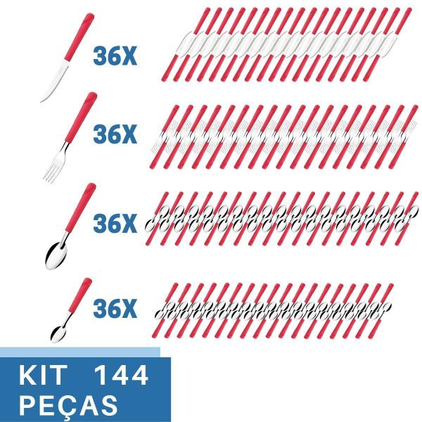 Imagem de 144 Talher Inox Colher Chá Faca Garfo Colher Luna Vermelho