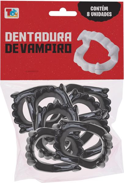 Imagem de 16 Dentaduras de Vampiros Dente Plástico Preto Festa Carnaval Sacola Surpresa