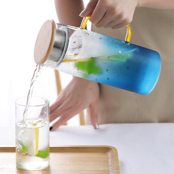 Imagem de 1pcs 1000ml Glass Pitcher Heat Resistant Water Jug Bamboo Lid Fruit Juice Jug