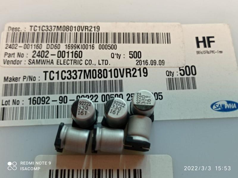 Imagem de 1x Capacitor Eletrolítico 330uf/16v Smd 105º 8x10mm Samwha