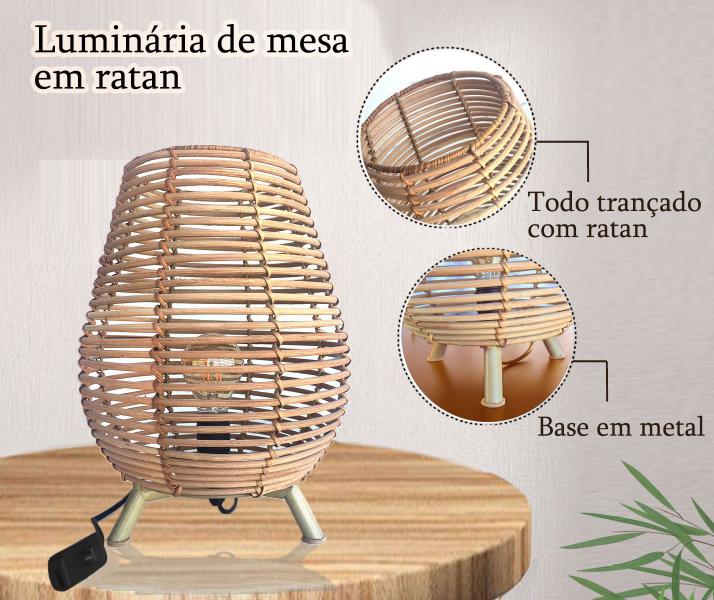 Imagem de 2 Abajur Rattan Fibra Natural Mesa Lanterna Nat68 + Led