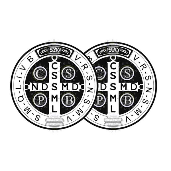 Imagem de 2 Adesivos Medalha de São Bento Cruz Sagrada Branco Preto 10cm