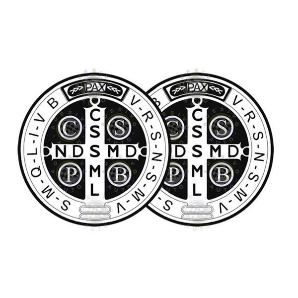 Imagem de 2 Adesivos Medalha de São Bento Cruz Sagrada Branco Preto 6cm