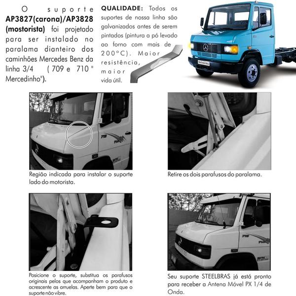 Imagem de 2 Antena Px Mola Inox 2,70 metros B-2003 Suporte Dianteiro Capô Mercedinho 709 710 Alongador 60cm Parafusos Anti-Furto