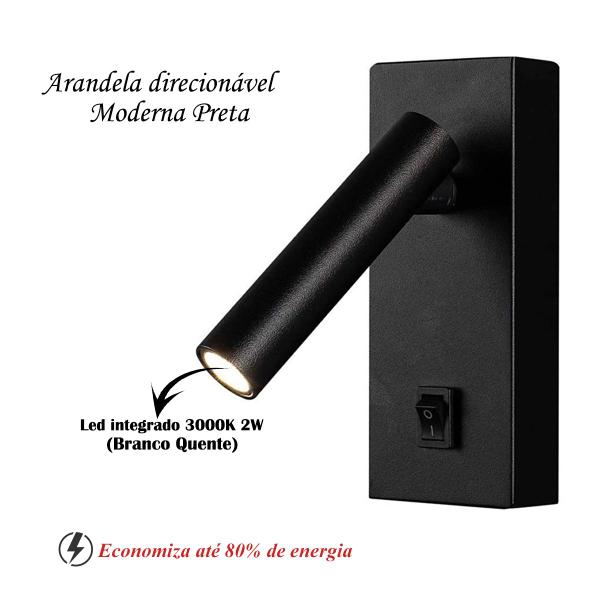 Imagem de 2 Arandela Cabeceira LED Interruptor Foco Movel Preto Bet53