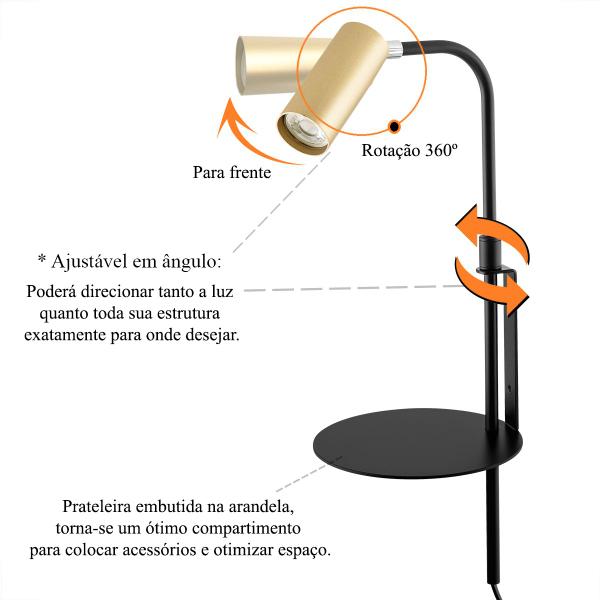 Imagem de 2 Arandela Foco Movel Interruptor Dourado Mesa Lup89