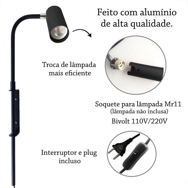 Imagem de 2 Arandela Interna Preto Articulada Cabeceira Plug Lup87