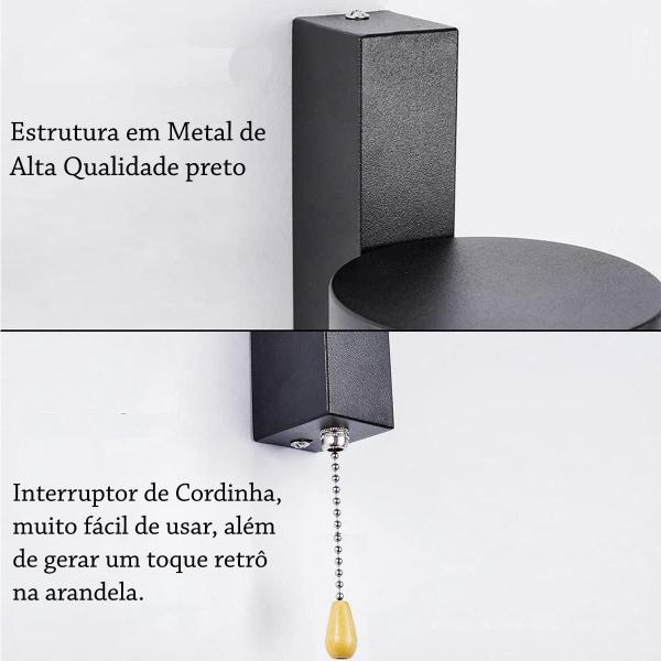 Imagem de 2 Arandela Leitura Foco Movel Interruptor Cordinha Preto