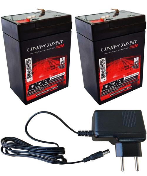 Imagem de 2 Bateria Recarregável Unipower 6v 4,5ah Carregador Bivolt 6v 900mah Plug Pino P4