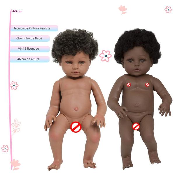 Imagem de 2 Boneca Reborn Gêmeos 46cm 100% Vinil Negros Realistas