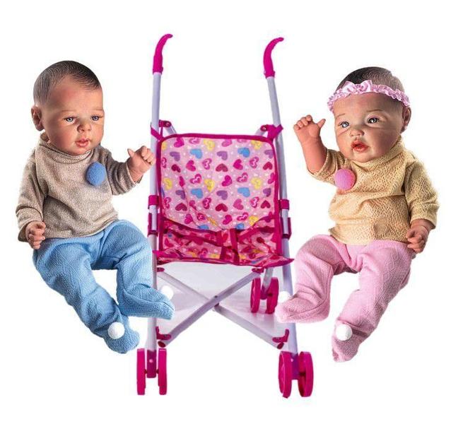 Imagem de 2 Bonecas Reborn Infantil Com Mamadeira E carrinho Baby Rosa