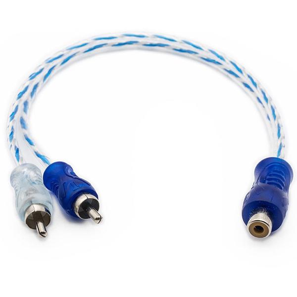 Imagem de 2 Cabo Y RCA Blindado 1 Femea 2 Macho Injetado Azul 4mm